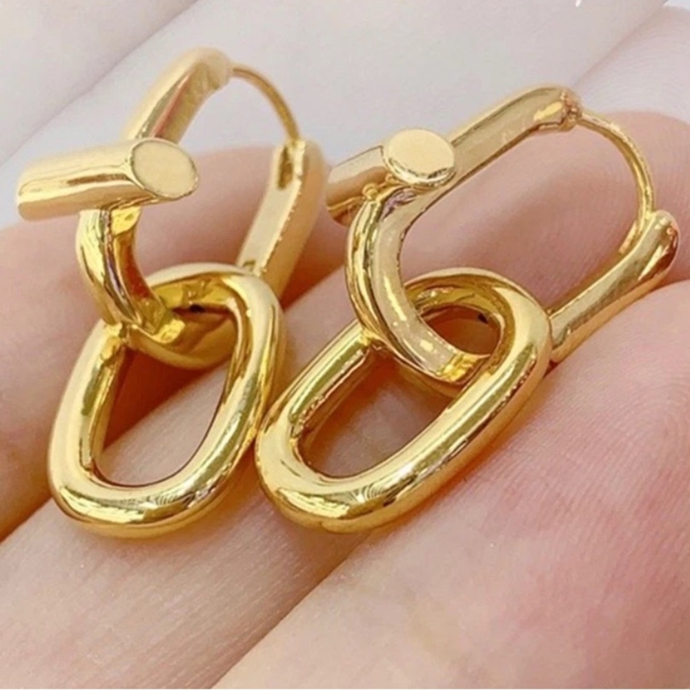 18k Solid Gold Link Rivet Dangle Earrings Detacha… - image 3